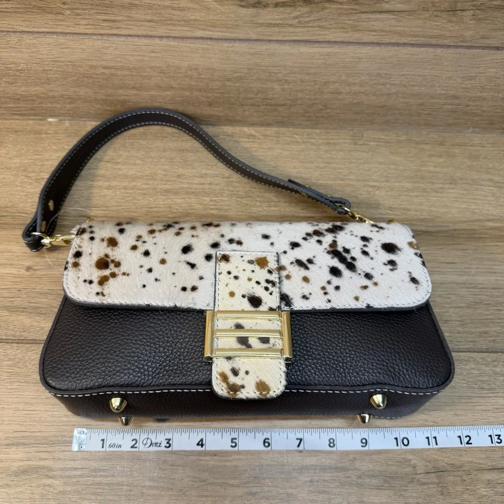Divine Firenze Italy Calf Hair Cowhide Leather Baguette Flap Shoulder Bag Purse